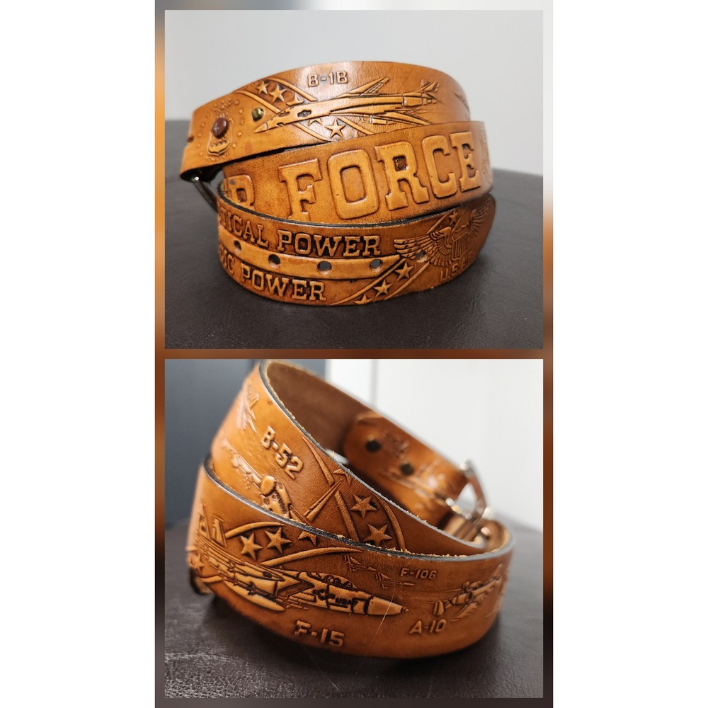 Vintage 1983 GABCO US Air Force Tooled Leather Belt Size 38 USAF Cold War Tan
